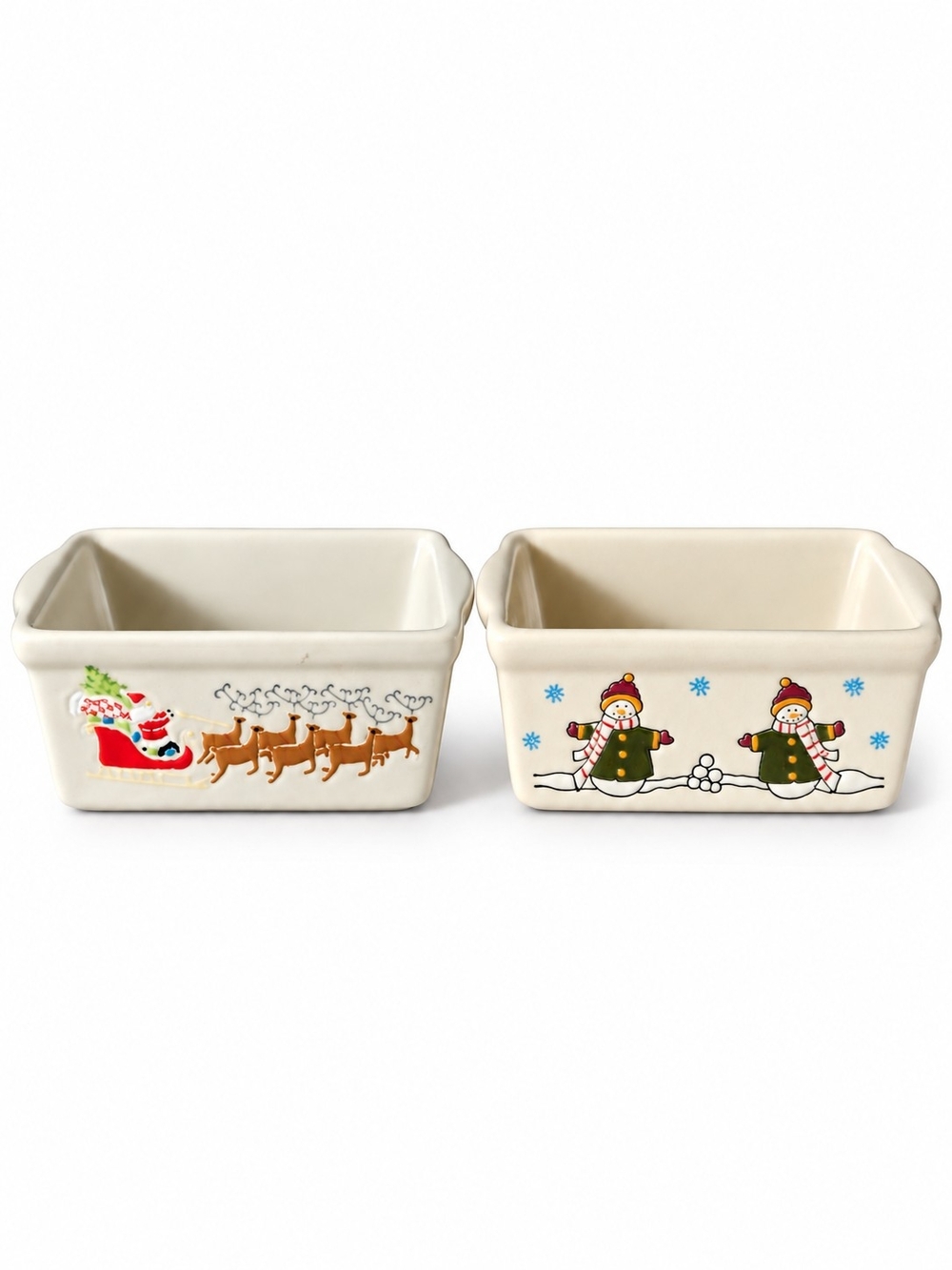 Nantucket Christmas Mini Loaf Pan Set Santa Reindeer Snowman Ceramic